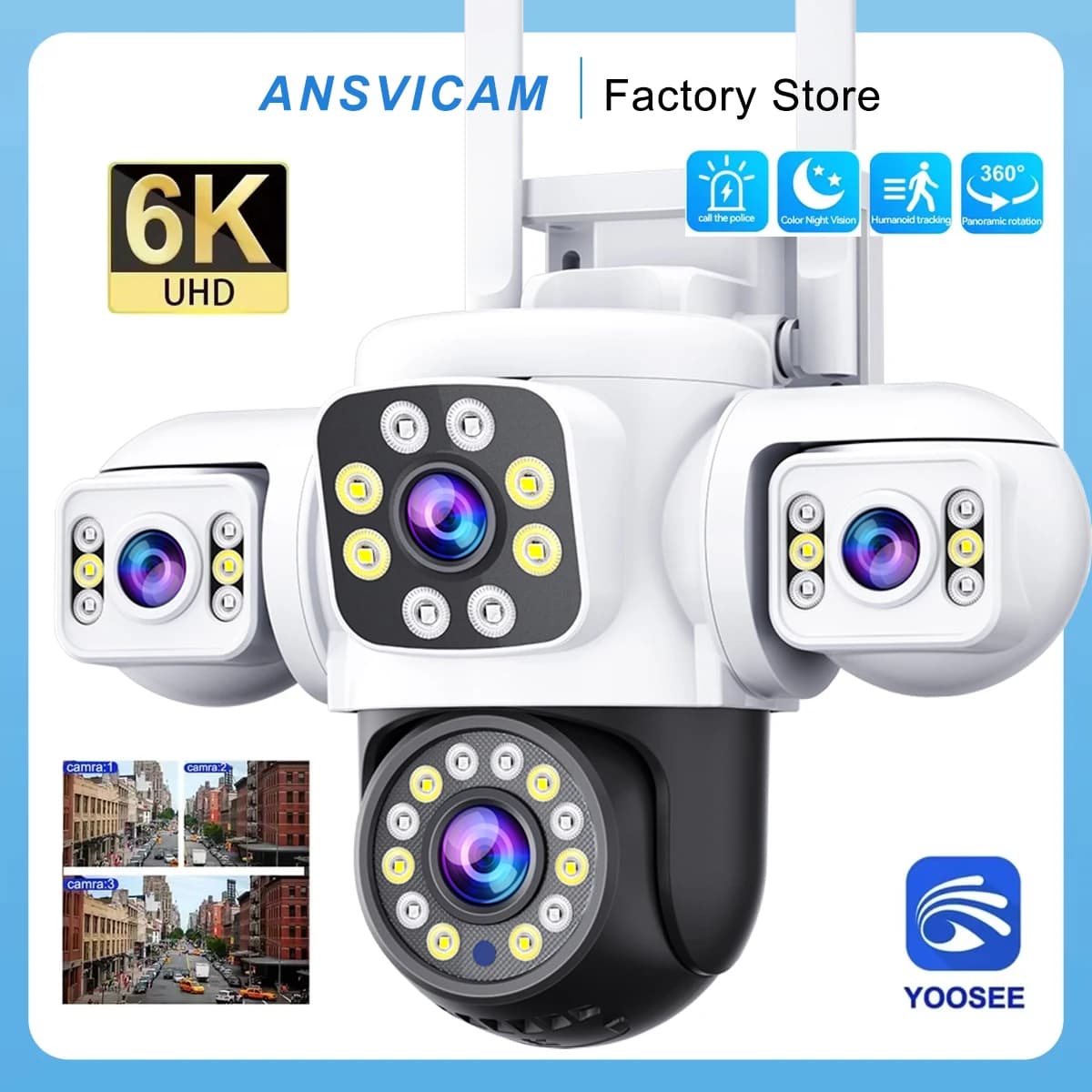 ANSVICAM 6K 12MP Telecamera WiFi per esterni Tripla schermo Tripla lente PTZ 360 ° Camma per Sorveglianza CCTV IP66 di Sicurezza Completa Yoosee