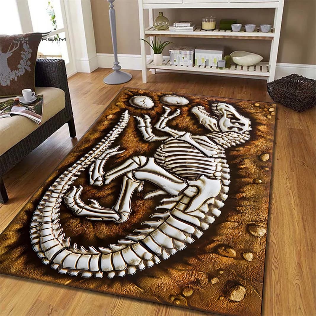 Tappeto 3D con Scheletro di Dinosauro - Tappetino Decorativo Paleontologico per Cameretta Bambini, Tappeto Antiscivolo per Soggiorno