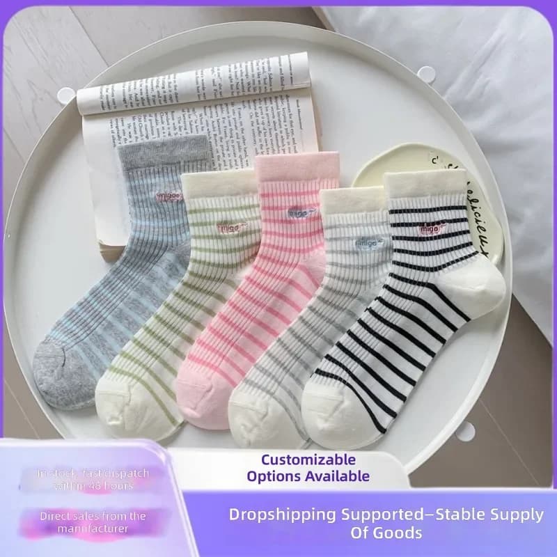 2026 Customized Summer Socks New Women's Light Breathable Pinstriped Multi-Color Small Medium Tube Simple Student Socks