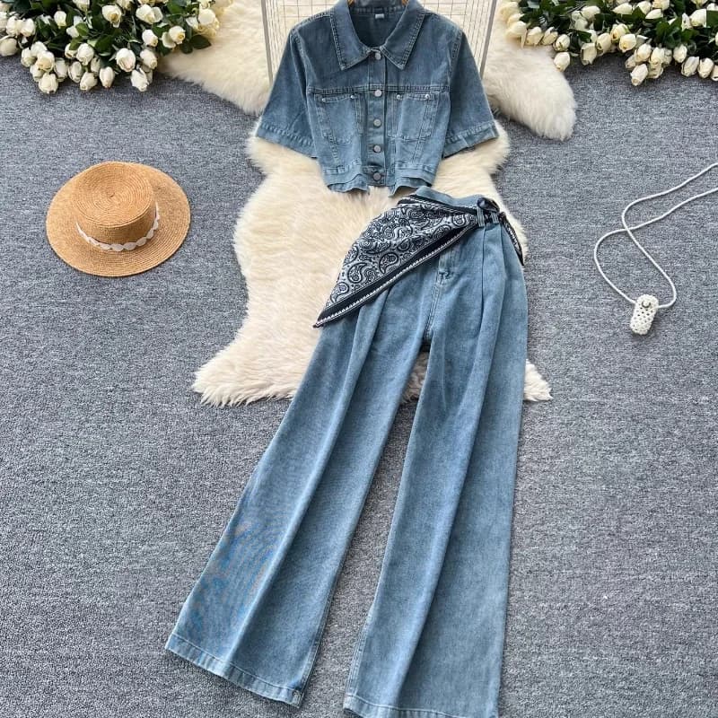New Women's Summer Denim Trousers Set Color Matched Top Short Sleeved jeans + High waist casual jeans matched with scarves Korean Dresses