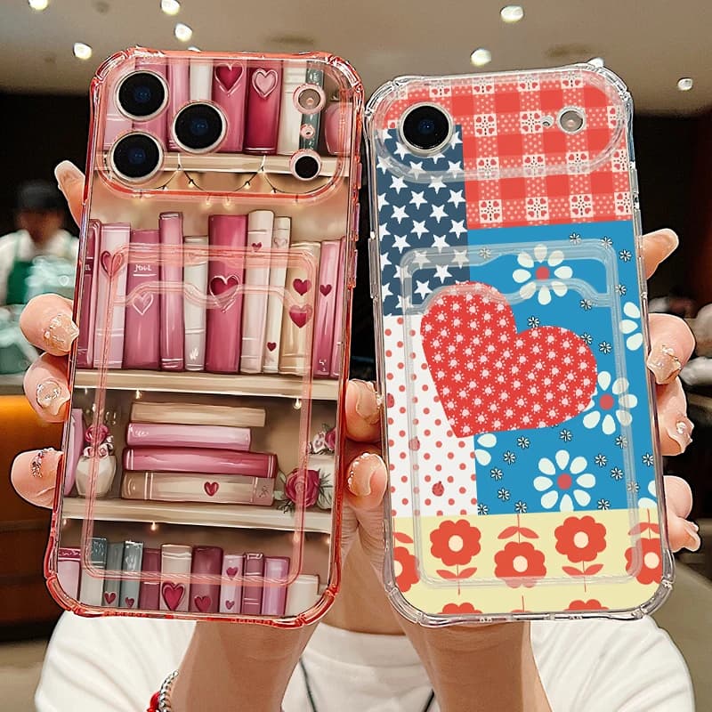 Fashion Love Bookshelf Case For iPhone 17 Pro Max Luxury Card Slot Back Soft Cover For iPhone 16 15 14 13 Pro Max 11 16e 17e