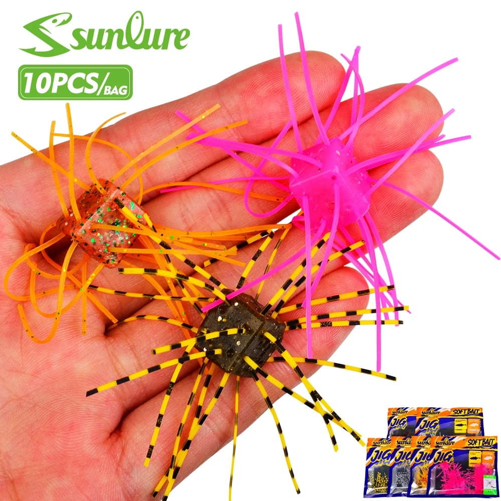 Sunlure Esche Artificiali Morbide in Silicone a Forma di Dado, 1.1cm, Multi-Tentacolo, Fatte a Mano, 10 Pezzi, Affondamento Lento, per la Pesca al Bass