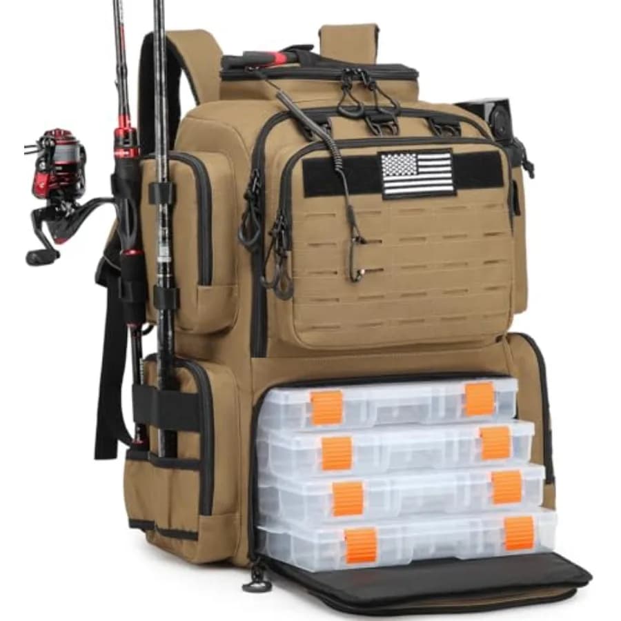 Backpack Tattico di Pesca con Boxe Porta Attrezzi, Portacanne, Portabottiglie, 50 L, Grande Zaino Termico per Equipment di Pesca con Discomparto Refrigerante