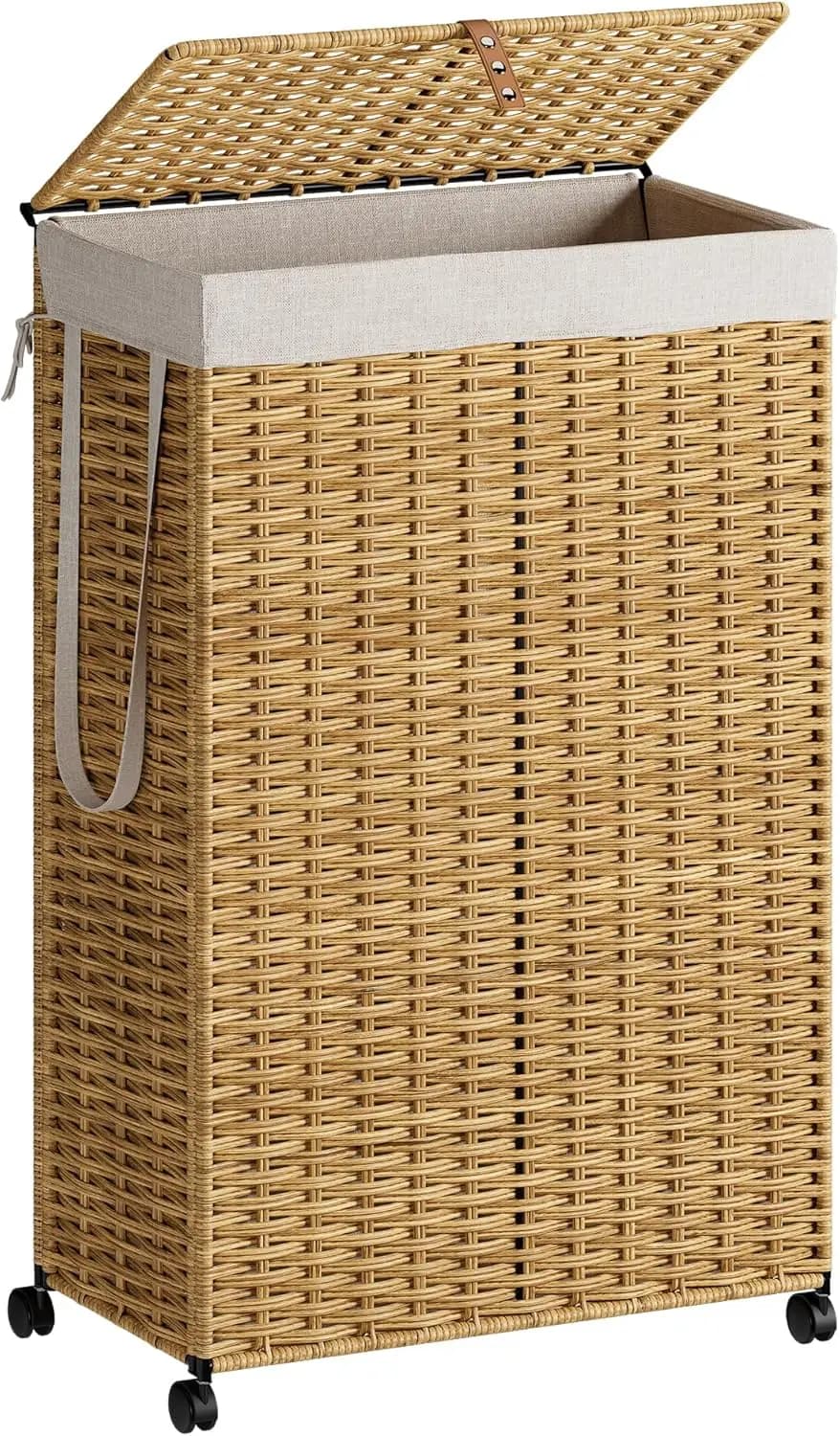 Cesto Portabiancheria Slim da 90L con Ruote, Coperchio e Borsa Rimovibile - Cesto Pieghevole in Rattan per Spazi Ristretti