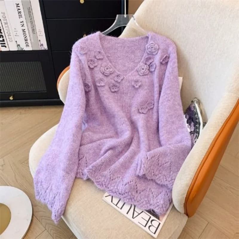 Maglione con scollo a V a fiori tridimensionali azzurri per donna in primavera e autunno Top maglione lavorato a maglia unico e bellissimo