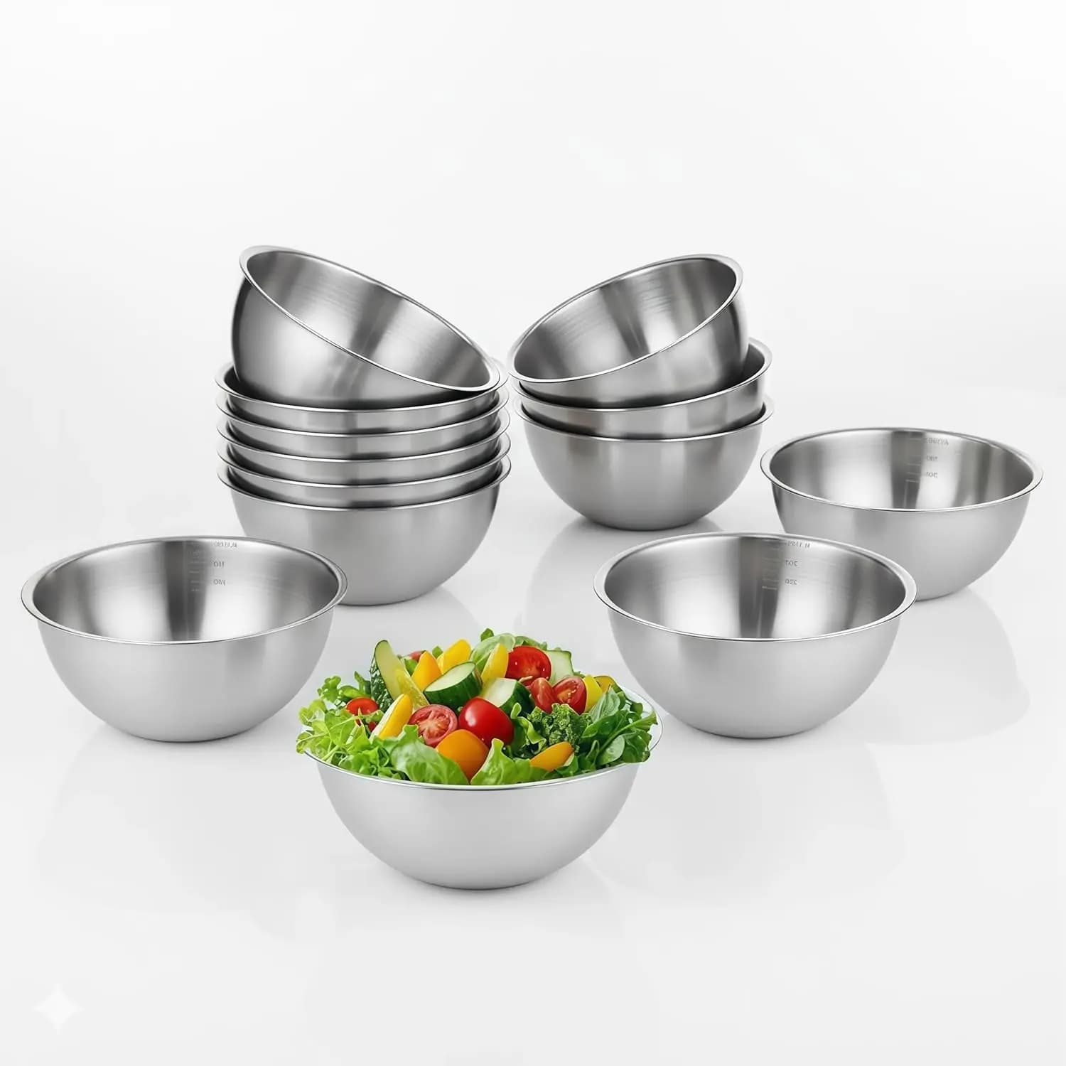 Set of 12 Stainless Steel Bowls 304 with Graduations, Metal Salad Bowls, Reusable Containers for Food Conservation