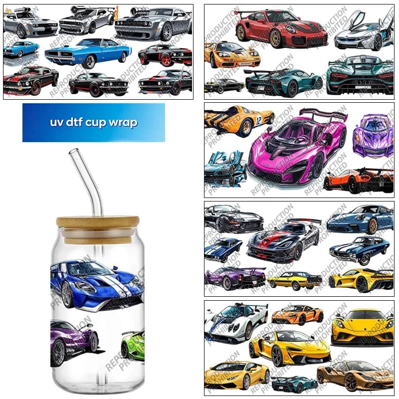 Popular Sports car series 16oz UV DTF 3D Transfer Sticker Decals For Glass Can Cup wrap Craft DIY Gift Creative