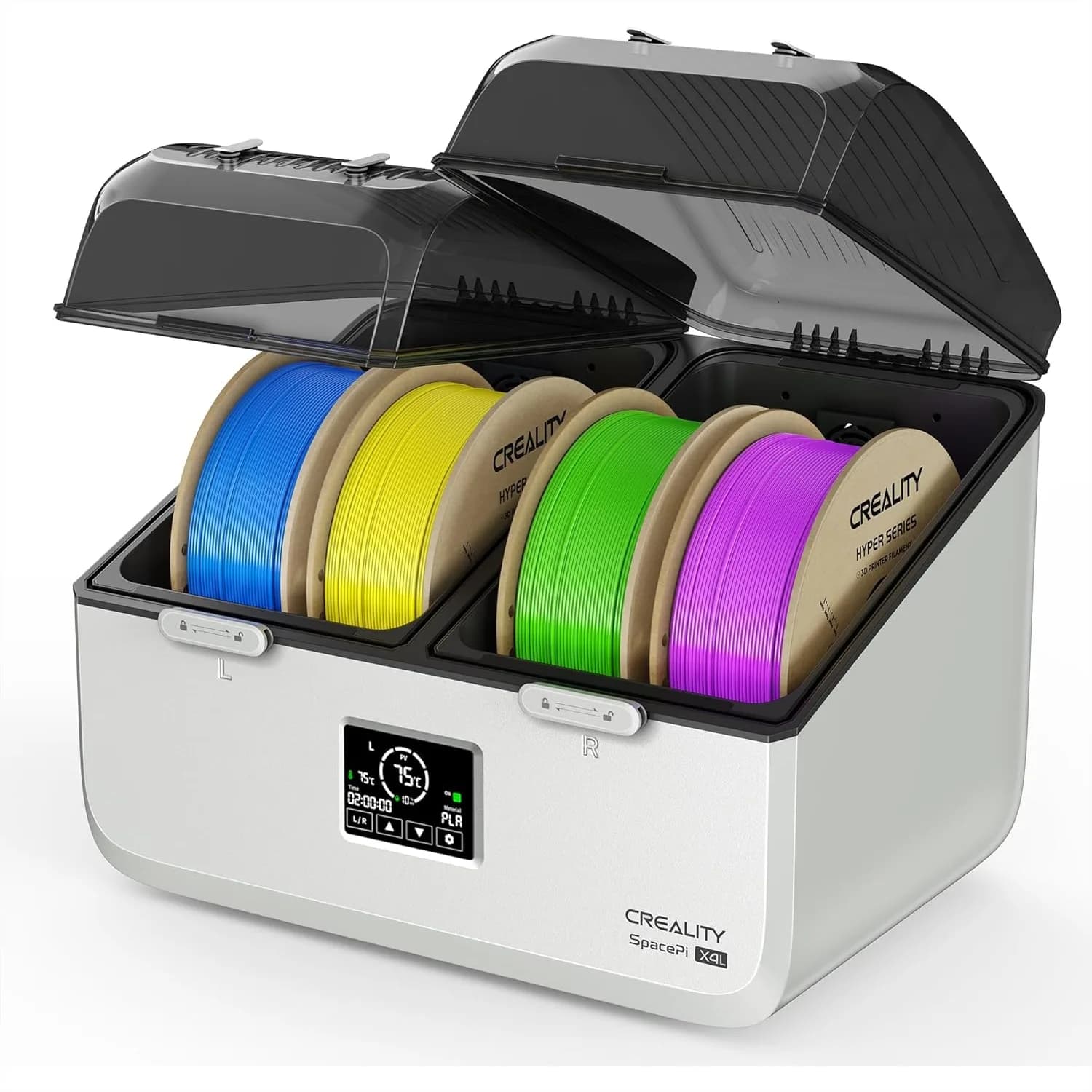 Asciugatrice per filamenti a 4 bobine con doppie camere di riscaldamento indipendenti, 75 ° Deumidificatore Intelligente ad Alta Temperatura per PLA, PETG, TPU, ABS