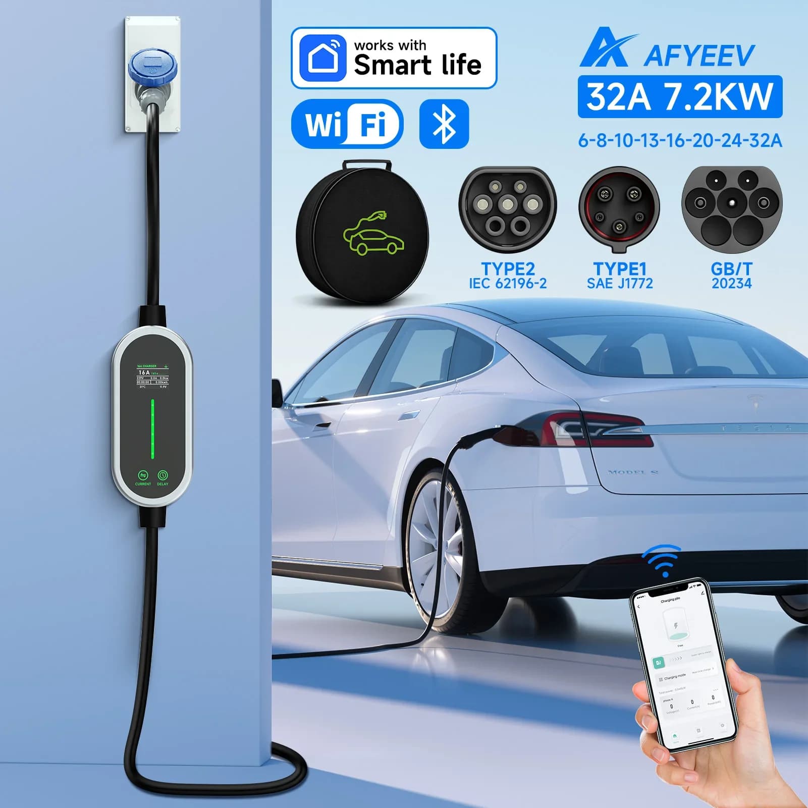 AFYEEV 7.2KW 32A Type 2 Charger EV Type1 GB/T EVSE Rechargeable cable EEC 3-pin WiFi Bluetooth APP Remote control 5 meters
