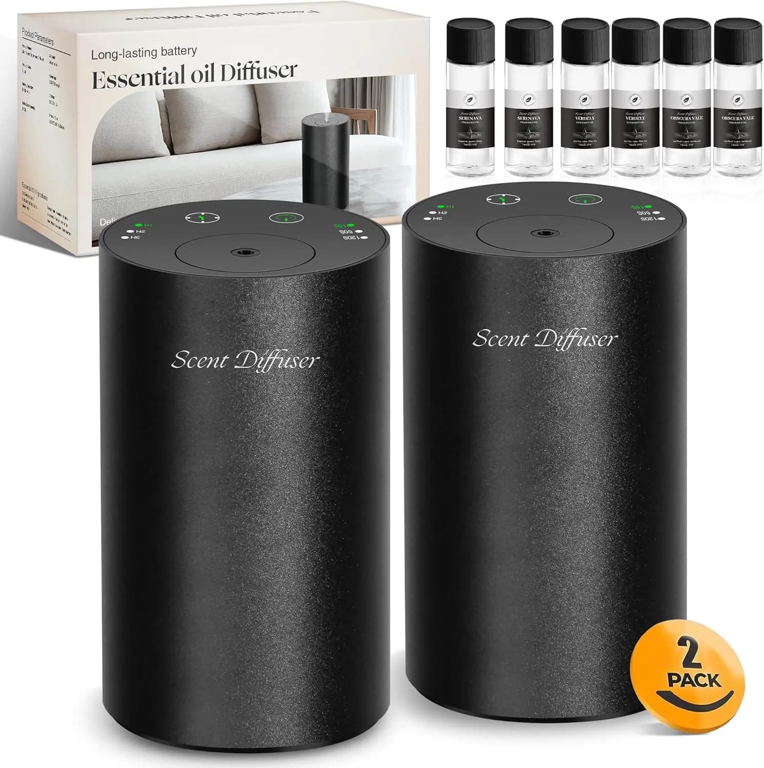 Kit Diffusore di Oli Essenziali Senz'Acqua - Funzionamento a Batteria, Portatile per Casa e Auto, Include 3 Oli, Nero Confezione da 2
