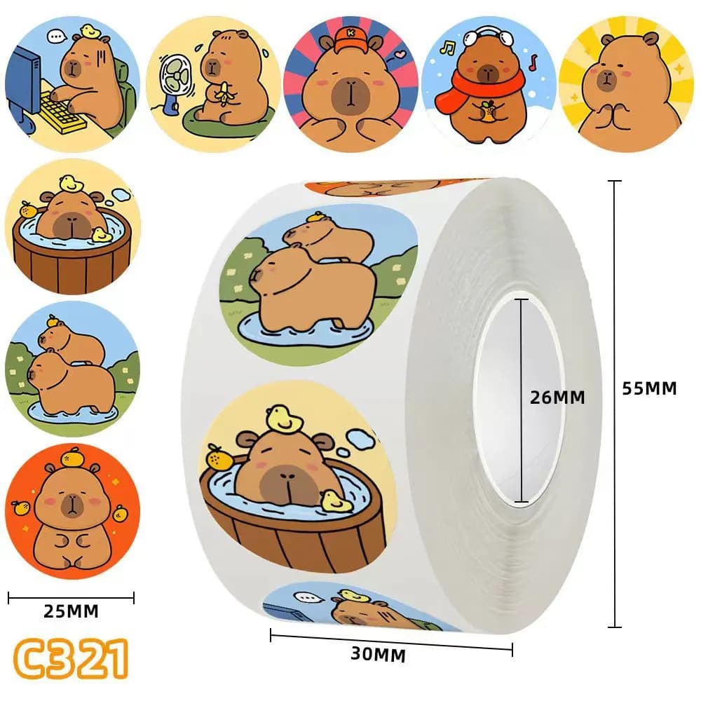 Adesivi Capybara 500 pezzi/rotolo - Simpatici decalcomanie di animali dei cartoni animati per laptop, notebook, bagagli, bottiglia d'acqua