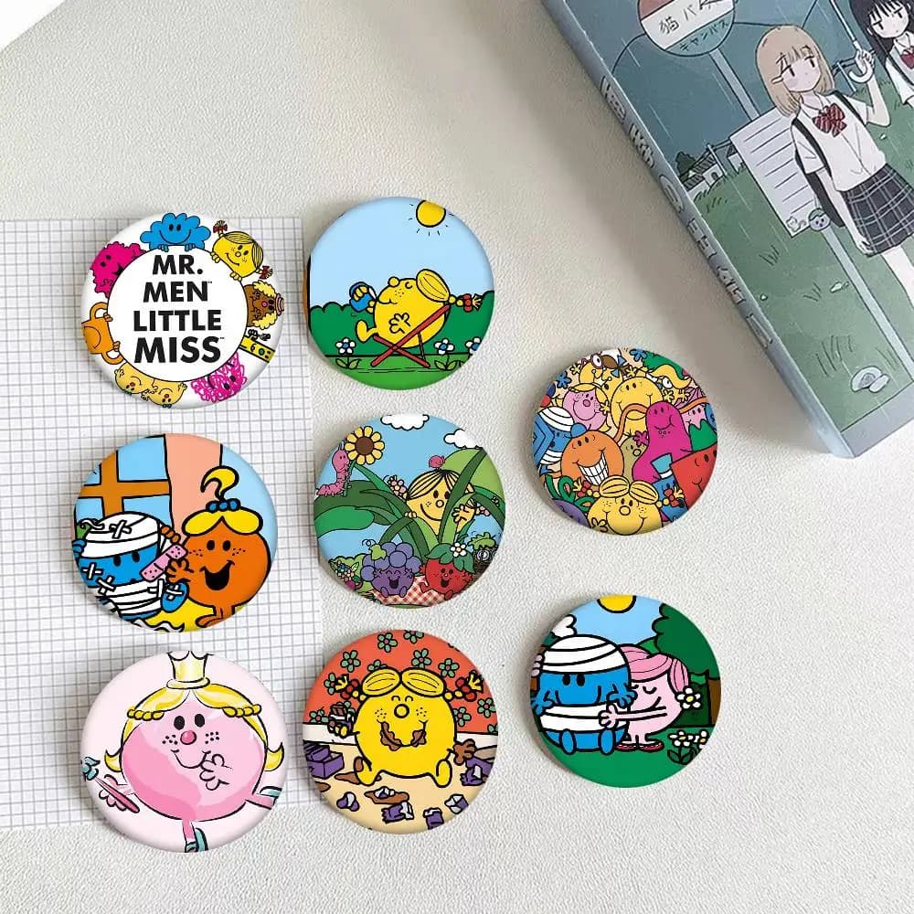 Spille smaltate rotonde in stile cartone animato Mr. Men e Little Miss per decorazione zaino e accessori