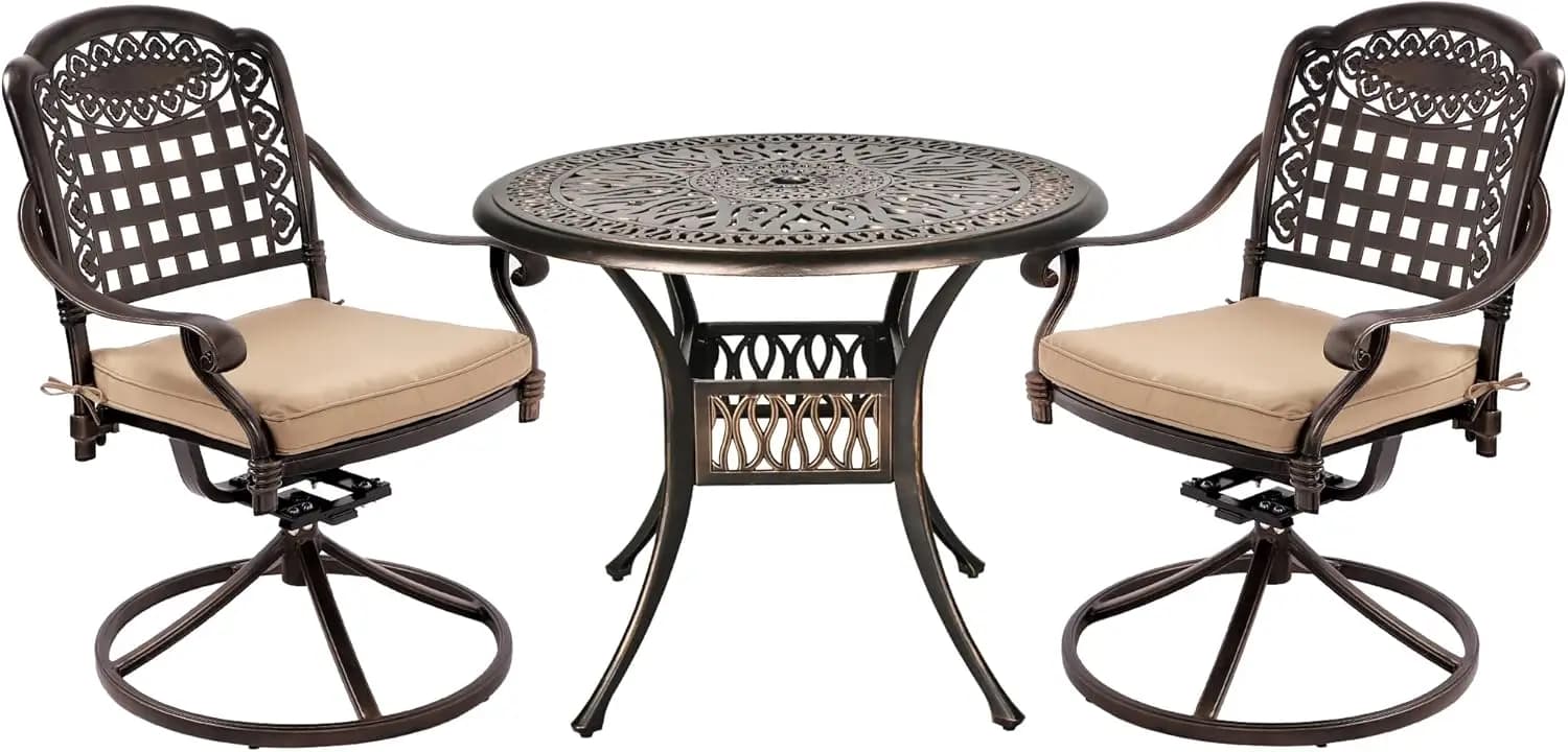 Set Bistrot da Esterno in 3 Pezzi, Set da Pranzo in Alluminio Pressofuso, 2 Sedie Girevoli, 1 Tavolo con Ombrellone, Sedute in Rete con Cuscini, Arredo da Giardino