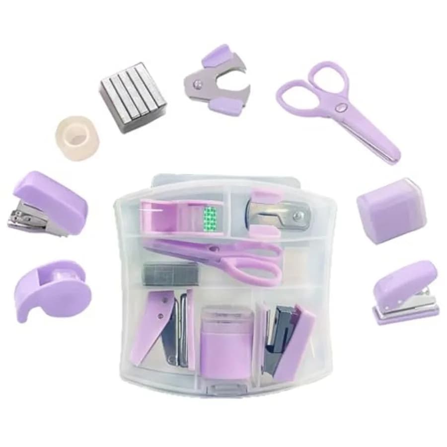 8 Pack Mini Office Supply Kit Portable Case with Scissors, Tape Dispenser Set, Punch, Pencil Sharpener, Mini Stapler with Stapl