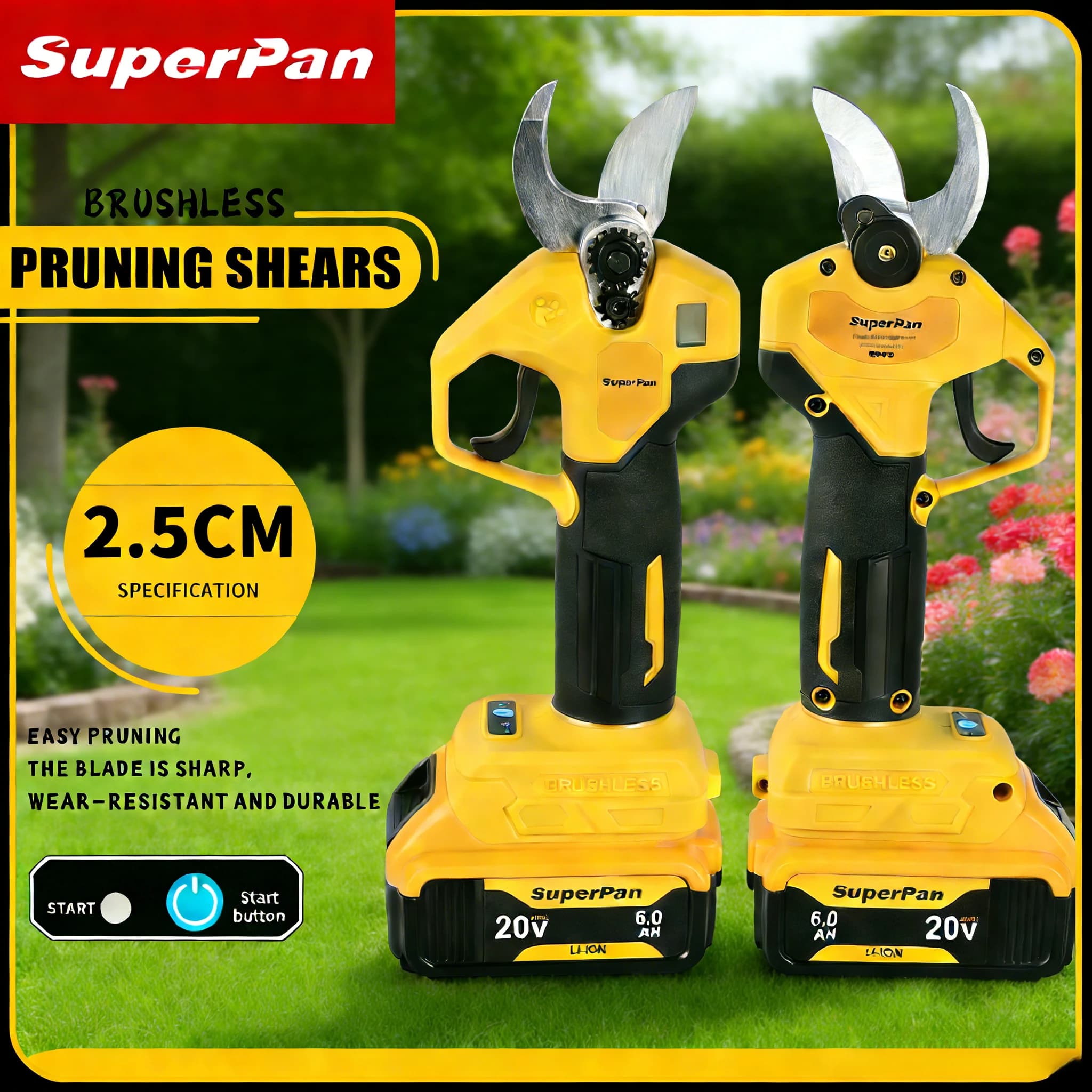 SuperPan battery pruning scissors, high carbon steel tools SK5, without brushes for pruning orchards, compatible with Dewalt 20V battery.