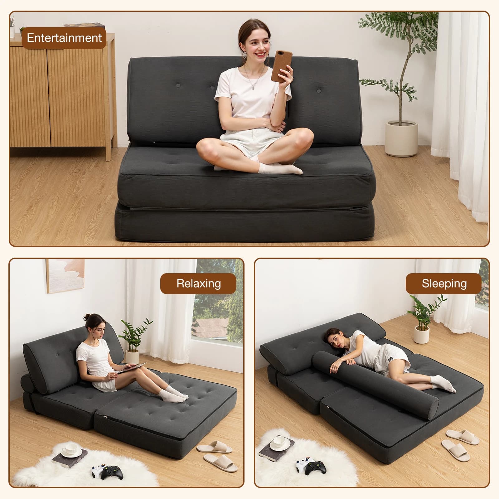 Divano letto pieghevole Divano letto Poltrona Divano letto convertibile 3 in 1 con 2 cuscini Divani pieghevoli Materasso con supporto per la schiena