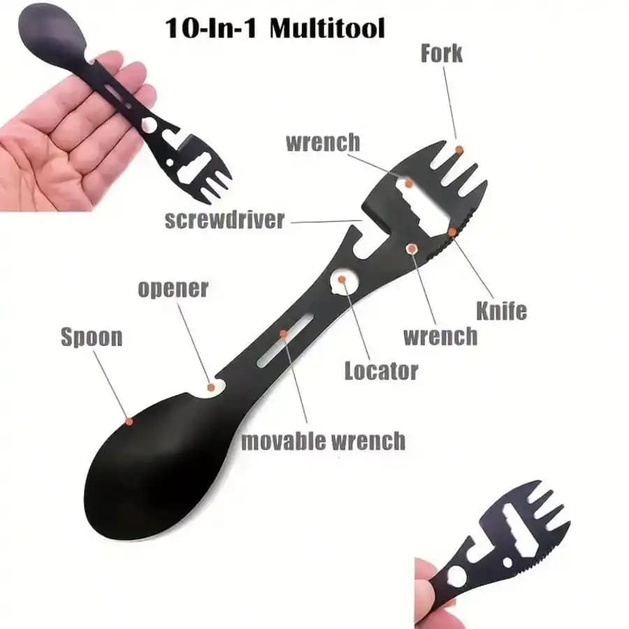 Forchetta e Cucchiaio in Acciaio Inossidabile per Campeggio | Attrezzo Multifunzionale 7-in-1 per Esterni | Apribottiglie, Apriscatole, Coltello da Taglio, Chiave Inglese | Attrezzatura da campeggio portatile, compatta e resistente per mangiare all'aperto | Per Campeggiatori e Escursionisti | Multi-utensile per Escursionismo, Picnic e Sopravvivenza all'Aperto