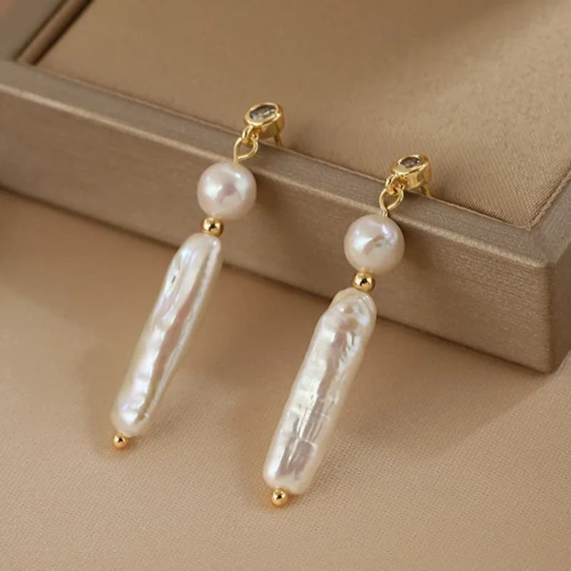 Long hanging earrings with fresh water pearl tassels and cubic zircons CZ round delicate Minar for woman, copper plated 14K gold
