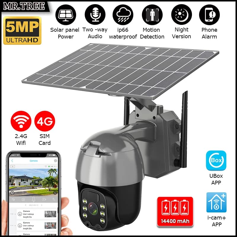 Telecamera di Sorveglianza Solare da Esterno 5MP 4G SIM PTZ con Rilevamento Movimento PIR, Protezione di Sicurezza Domestica WiFi, Visione Notturna a Colori, Telecamera CCTV
