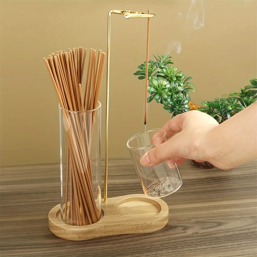 Bruciatore di incenso con supporto in vetro e vassoio in legno per decorazioni domestiche, yoga, meditazione, aromaterapia, regalo, base raccogli-ceneri