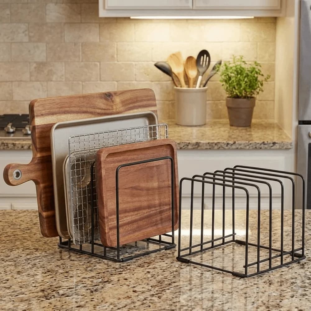 Iron 5 Slots Divided Rack Rust-Resistant Space Saving Pan Storage Rack Heavy Duty with Anti-Slip Feet Cutting Board Storage Rack