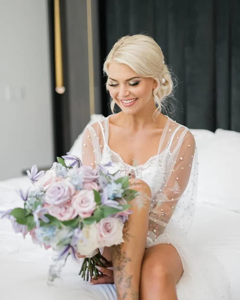 Giacca da sposa a maniche lunghe con perle Scialle da festa in tulle BOLERO Mantello da sposa lungo fino al pavimento Abito sexy con perle Personalizzato