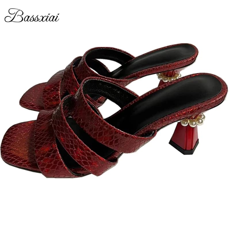 Sandali con perle e tacco originale da donna, in vera pelle, slingback sottili, mules estive per ragazze
