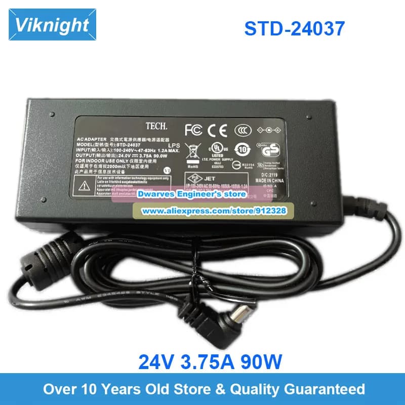 Genuine STD-24037 AC Adapter 24V 3.75A 90W Charger for ADAPTER TECH 5.5x2.5mm Power Supply