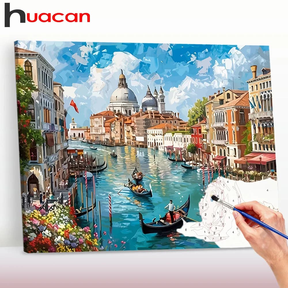 Huacan DIY Paint By Numbers City River Building Digital Oil Painting Landscape Drawing By Numbers Paint Adults Kit