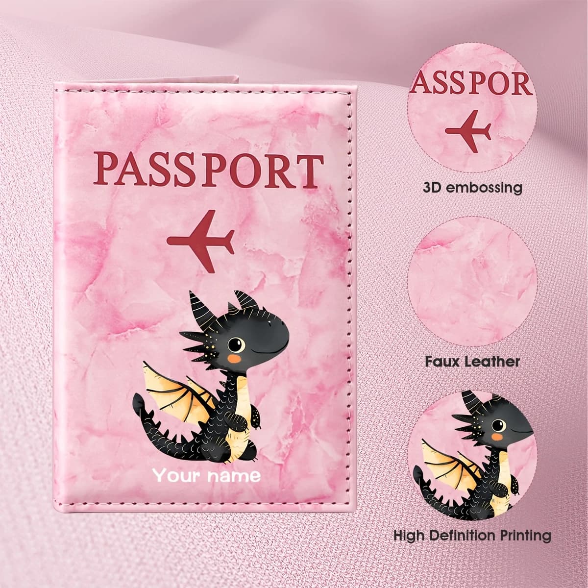 Custom Name Dragon Illustration Passport Holder, Black Flying Dragon with Flame Elements to Showcase a Fantasy Adventure Style