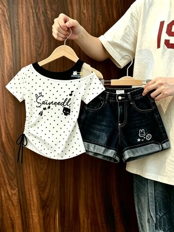 Girls Summer Polka Dot Print Splice Short Sleeve Denim Shorts Set Fashionable Casual Sportswear for Kids under 17 Years Old