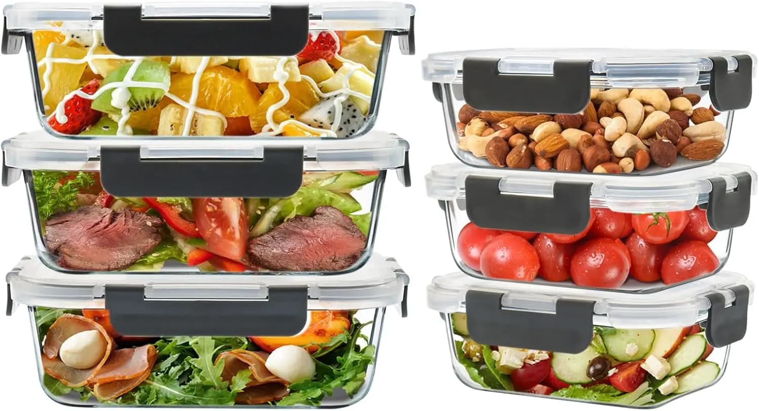 Set of 6 Glass Containers for Foods with Airtight Covers, Without BPA, for Preparation Pasti and Avanzi, Grey Color