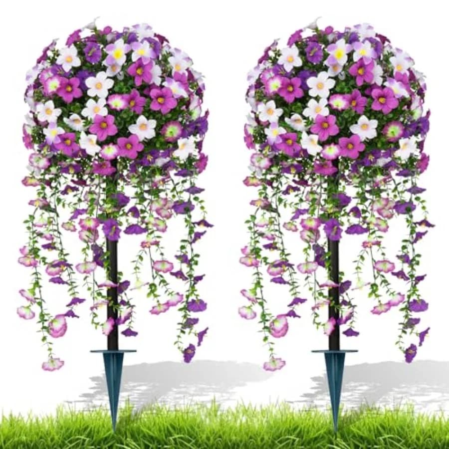 Set di 2 Alberi Artificiali di Glicine, Arbusti Finti Viola con Picchetto da Terra, Piante Sempreverdi Artificiali per Portico