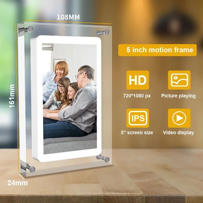 Cornice digitale per foto e video in acrilico Cut Gift, schermo IPS da 5 pollici, batteria da 1000 mAh, memoria da 4 GB, supporto per riproduzione di video e immagini.