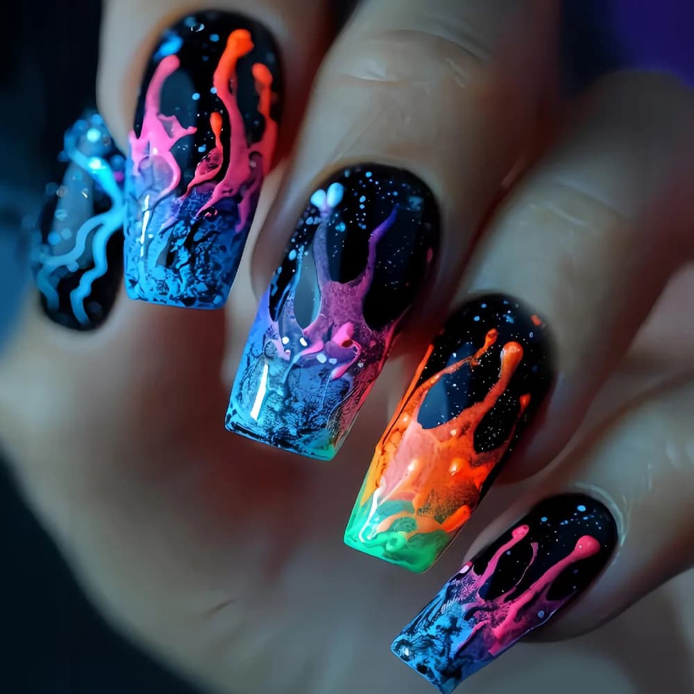 Medium-length fake nails for women and girls, Y2K style, blue orange blue shaded, square almond tips, full cover, fake nails at pressure.