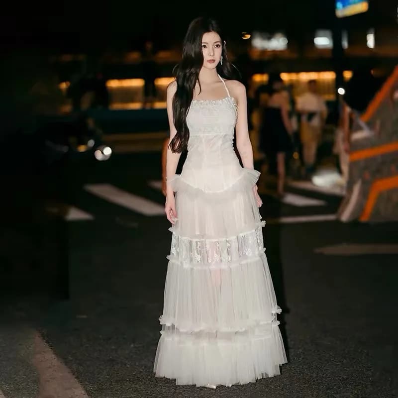 Elegant Waterlight Lace Print Halter Neck Long Skirt Dress Women's Design Wedding Ceremony Party High Waist Polyester Fabric