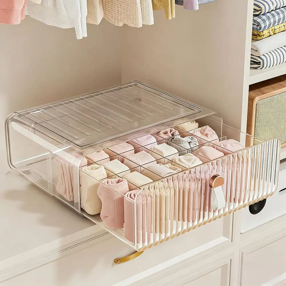 Sock Underwear Organizer - 24-Compartment Clear Acrylic Storage Bins with Removable Dividers, Stackable for Closet, Socks, Tiers