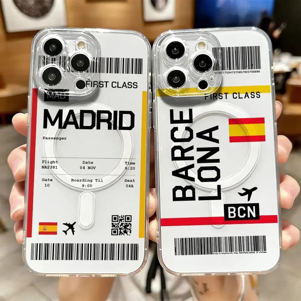 Travel Plane Ticket Spain Phone Case For IPhone 17 16 15 14 13 12 Pro Max Plus Magnetic Crystal Clear Case Wireless Charge