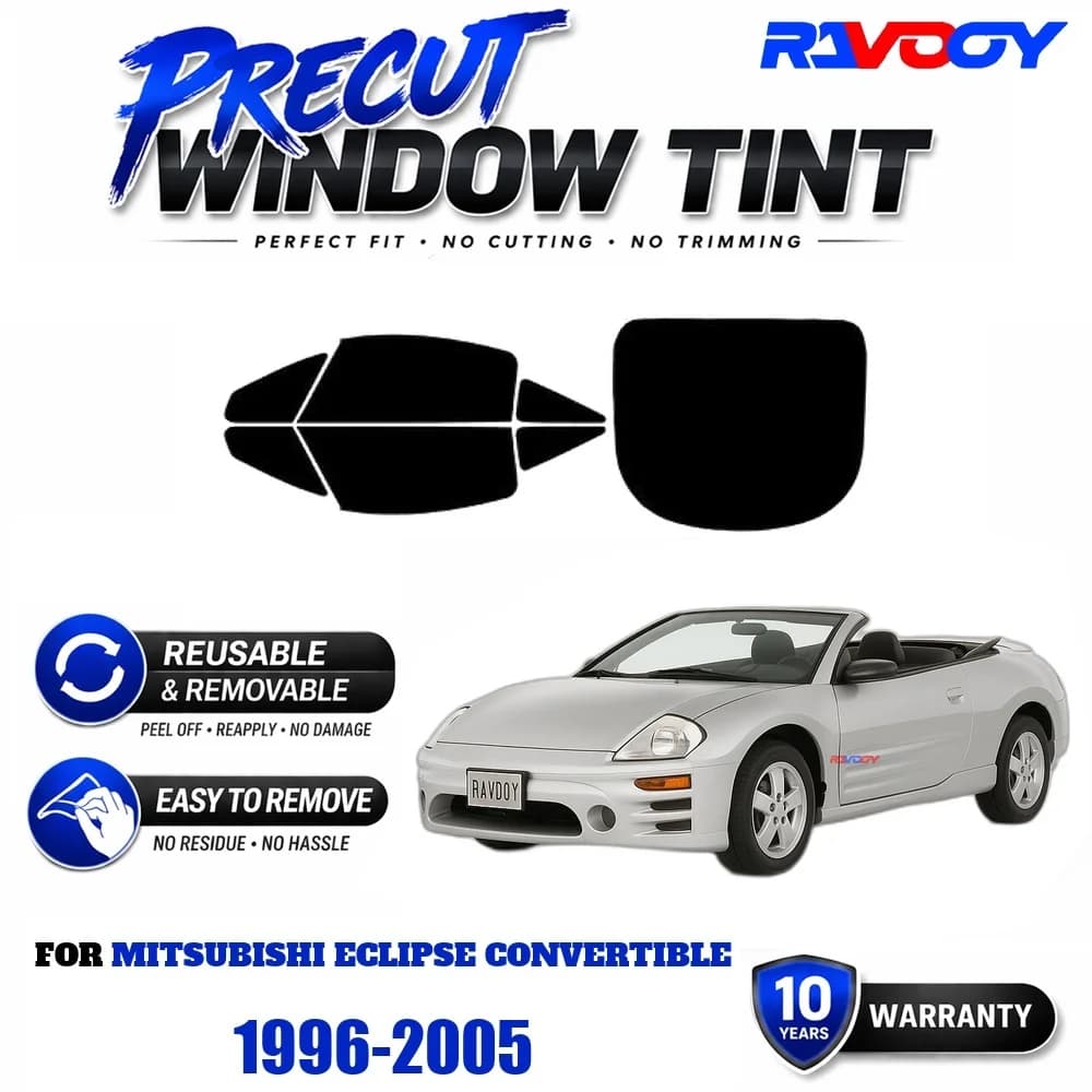 Precut Window Tint, Reusable Removable EPU Film, Custom Fit for Mitsubishi Eclipse Convertible 1996-2005, UV Heat Protection