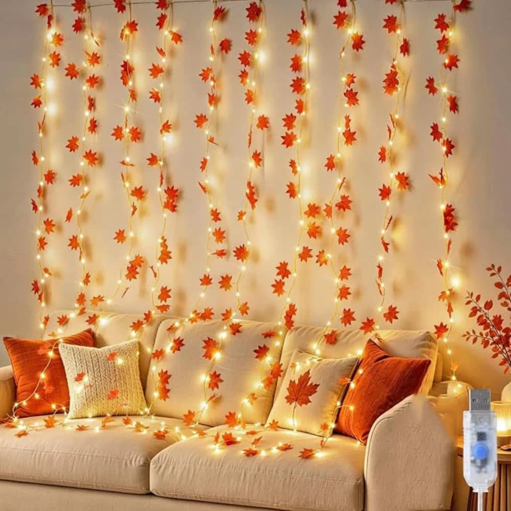 USB Powered Maple Leaf Curtain Lights LED Autumn Vine String Garland for Thanksgiving Bedroom Window Wall Living Room Decor