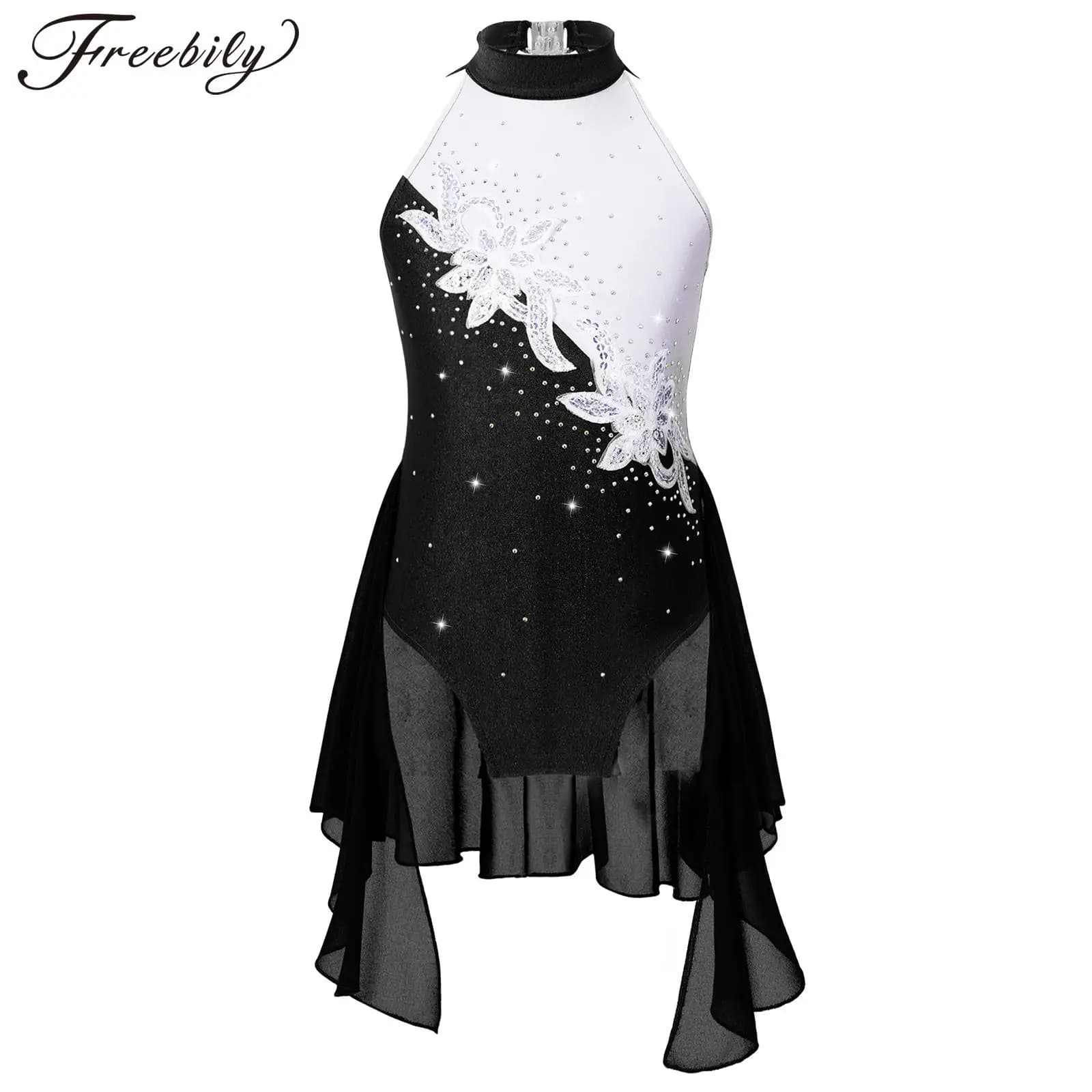 Costume da pattinaggio di figura per bambina, vestito da ballo lirico, body da ginnastica per balletto, senza maniche, con strass lucidi, paillettes