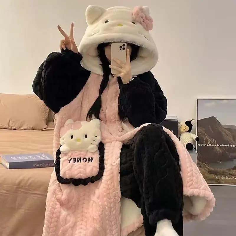 Pigiama Hello Kitty Camicie da notte per ragazze Velluto corallo addensato e caldo Abiti per la casa carini Allentati Casual Cartoni animati anime Accoglienti morbidi