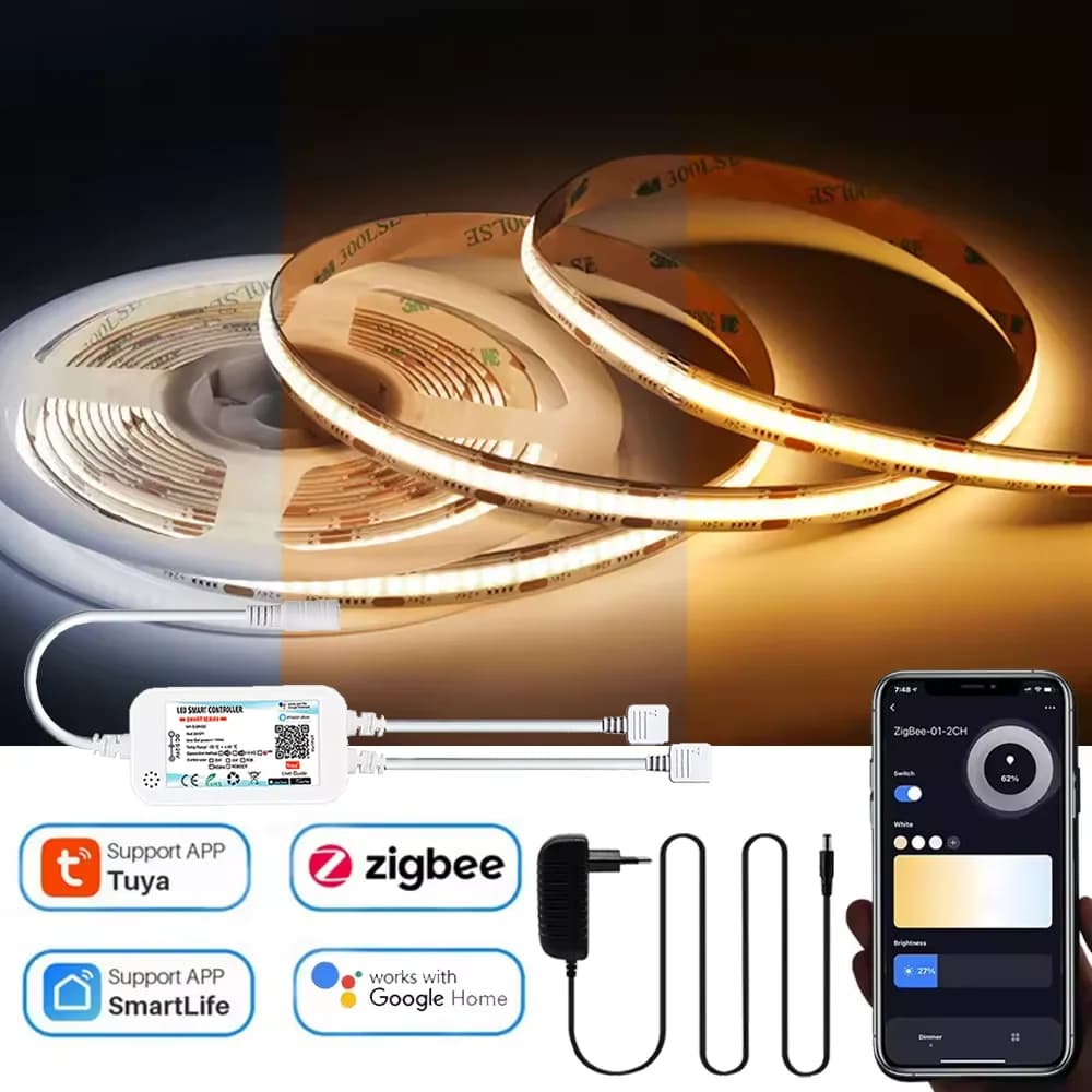 Striscia LED Tuya Zigbee 24V FCOB CCT 608 LED ad alta densità, flessibile, da 3000K a 6000K, dimmerabile, compatibile con Alexa e Google.