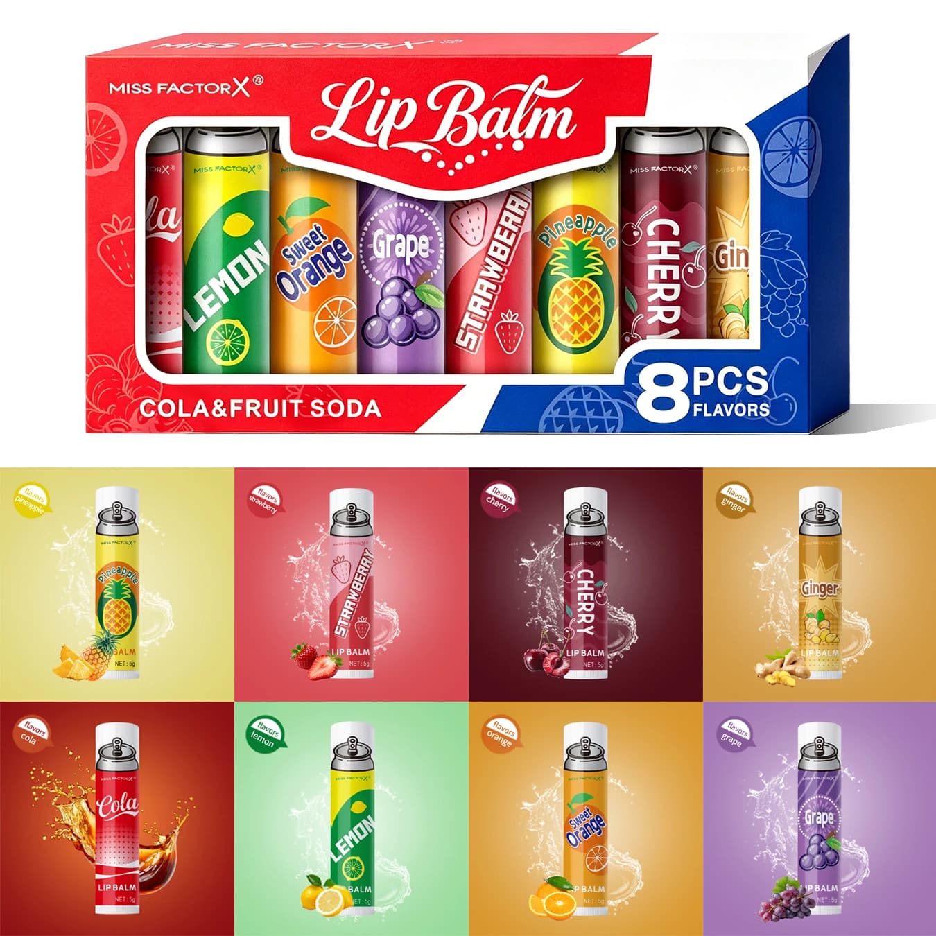 8 Pack Soda Flavor Lip Balm, Hydrating Dry Lip Treatment, Cute Design, Ideal Holiday Gift for Girls