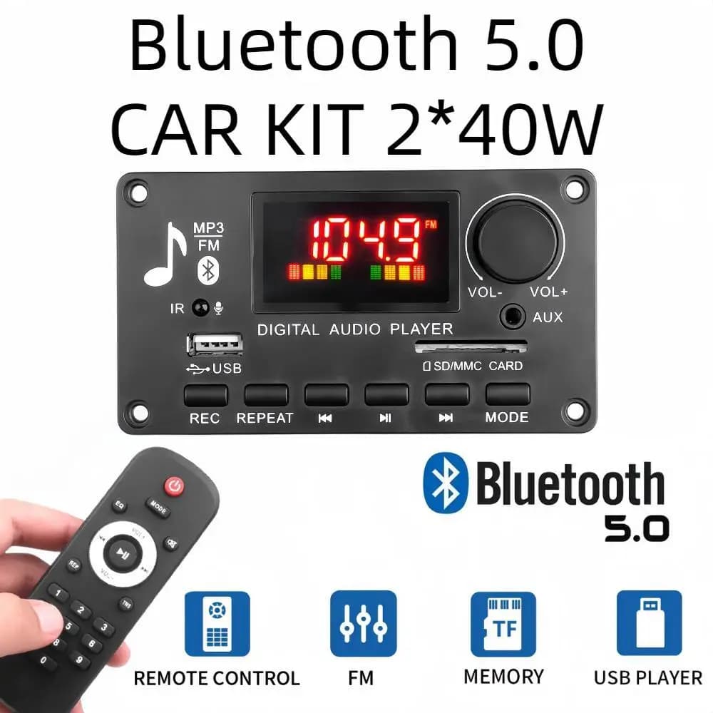 Bluetooth 5.0 Scheda di Decodifica MP3 2*40W 80W Amplificatore Lettore Audio 12V FAI DA TE Lettore MP3 Auto Modulo Radio FM TF USB Mic Registra Chiamata