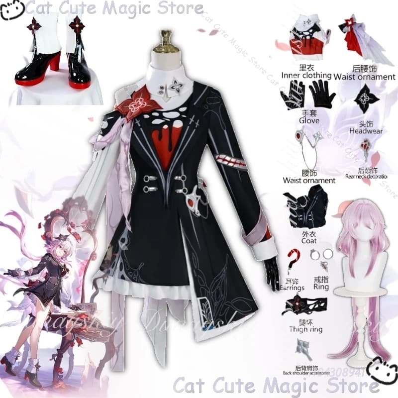 Honkai: Star Rail Game Evernight March 7 Cosplay Ice DMG with long pink wig with cosplay dress black white full set