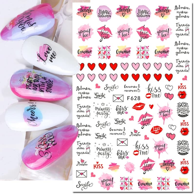 3d Nail Art Decals Valentine Day Love Heart Letters Red Lip Rose Flowers Self-Adhesive Nail Stickers Decoration For Manicure