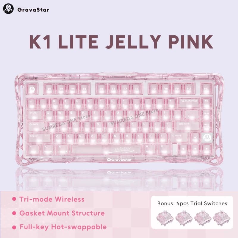 K1 LITE JELLY PINK Mechanical Keyboard Grava Star Mercury K1 Wireless Gaming 75% Bluetooth Wired RGB Hotswap Gamer Keyboard