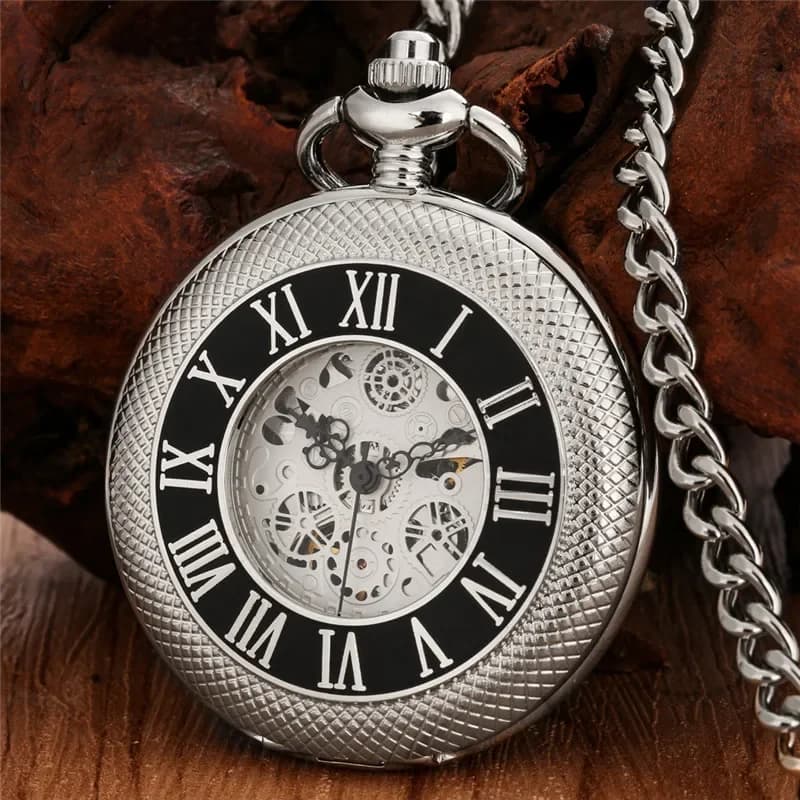 Men's and women's manual winding mechanical pocket watch with silver case with Roman numerals, half-hunter skeleton watch with FOB chain