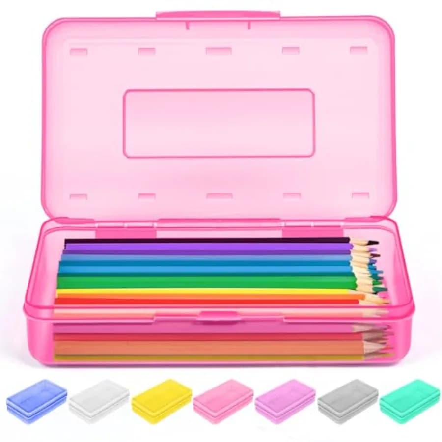 1 Pack Pencil Case, Pencil Box with Stickers, Large Plastic Crayon Box with Snap-tight Lid, Stackable Storage Box Art Craft Mar